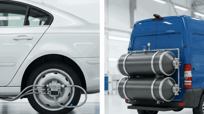 Comparação entre um automóvel ligeiro a GPL e uma carrinha com reservatórios de gás natural.