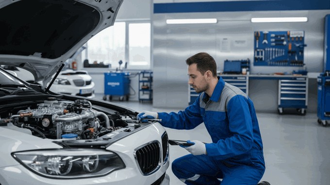 Técnico a inspecionar o motor de um automóvel convertido a GPL numa oficina.