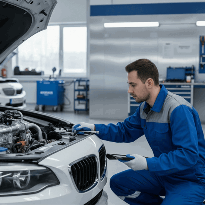 Técnico a inspecionar o motor de um automóvel convertido a GPL numa oficina.